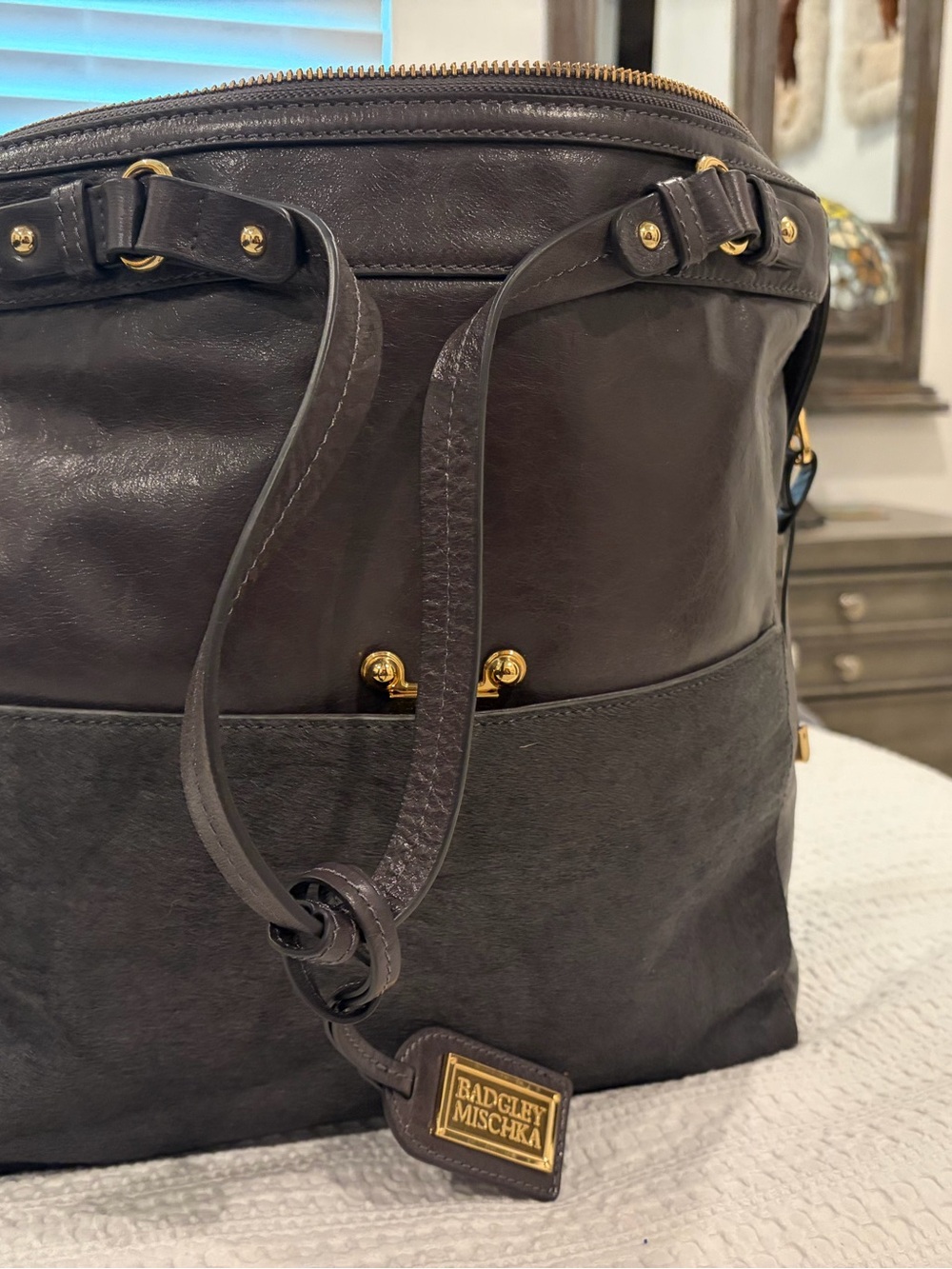 Badgley Mischka Charcoal Gray Leather Shoulder Bag